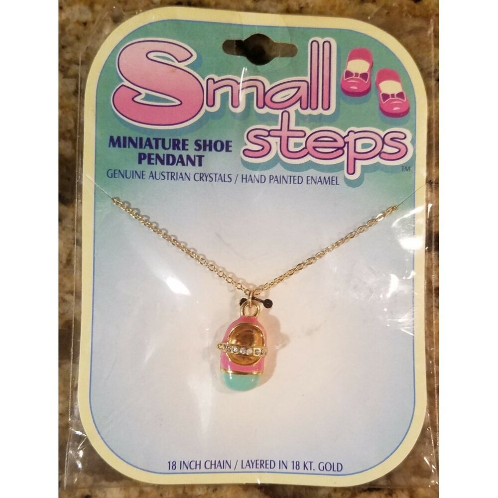 Baby Girl Shoe Pendant 18" Necklace Genuine Austrian Crystals Handpainted Enamel